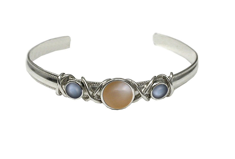 Sterling Silver Hand Made Cuff Bracelet With Peach And Grey Moonstones